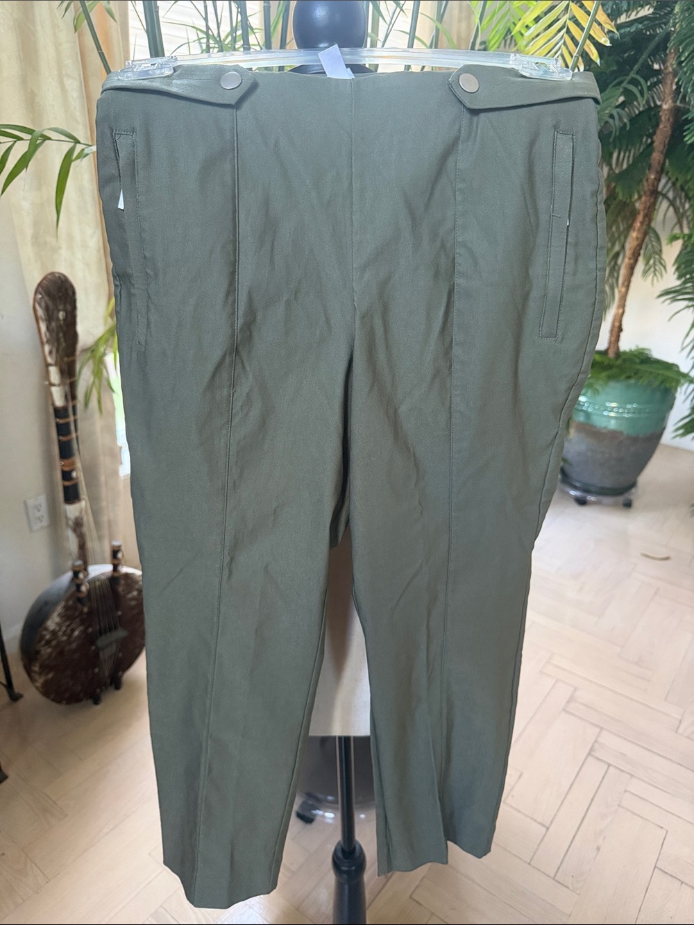 Olive Green High-Rise Tailored Women's Trousers. Very streachy and slide on.